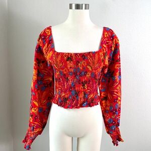 MAISON‎ d' AMELIE Womens Medium Smocked Top Square Neck Blouse Linen Blend
